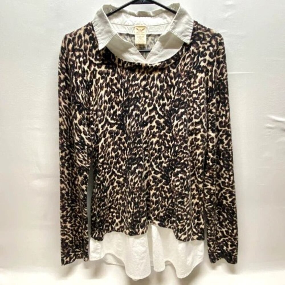 Faded Glory Collared Blouse‎ Women's Large Animal Leopard Print Layered Casual